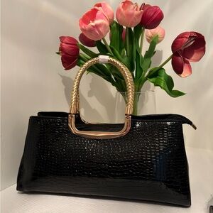 Black Faux Croc-Embossed Top-Handle Bag with Gold Handles